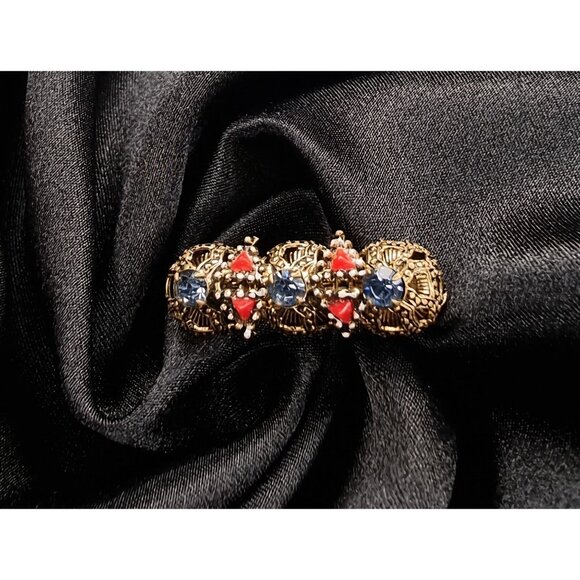 Vintage 1950s Gold-Tone Brooch With Blue & Red Glass Stones Intricate Filigree - Picture 3 of 6